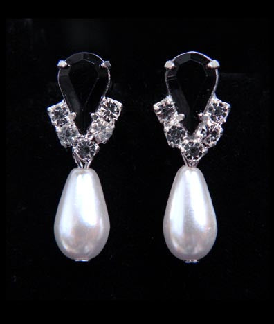 #5538JETS - Rhinestone Pear V Pearl Drop Earrings - Jet Silver Plated