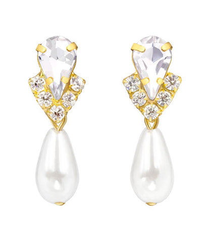 #5538XG - Rhinestone Pear V Pearl Drop Earrings - Crystal Gold Plated