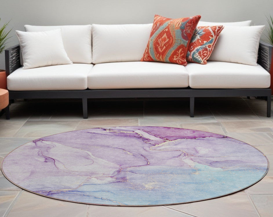 8' Round Purple Round Abstract Washable Non Skid Indoor Outdoor Area Rug
