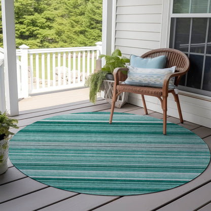 8' X 8' Aqua Round Striped Washable Indoor Outdoor Area Rug