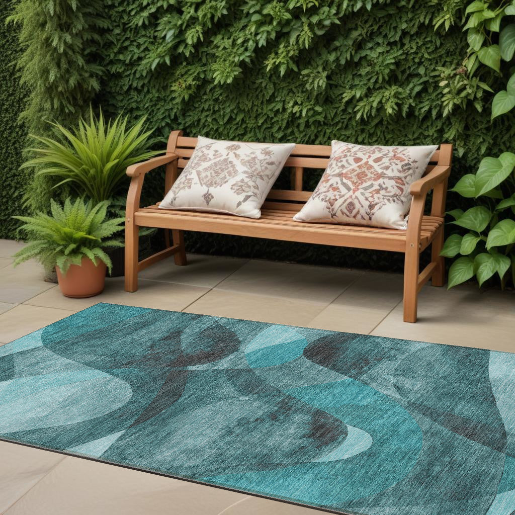 8' Runner Teal Abstract Washable Non Skid Indoor Outdoor Runner Rug