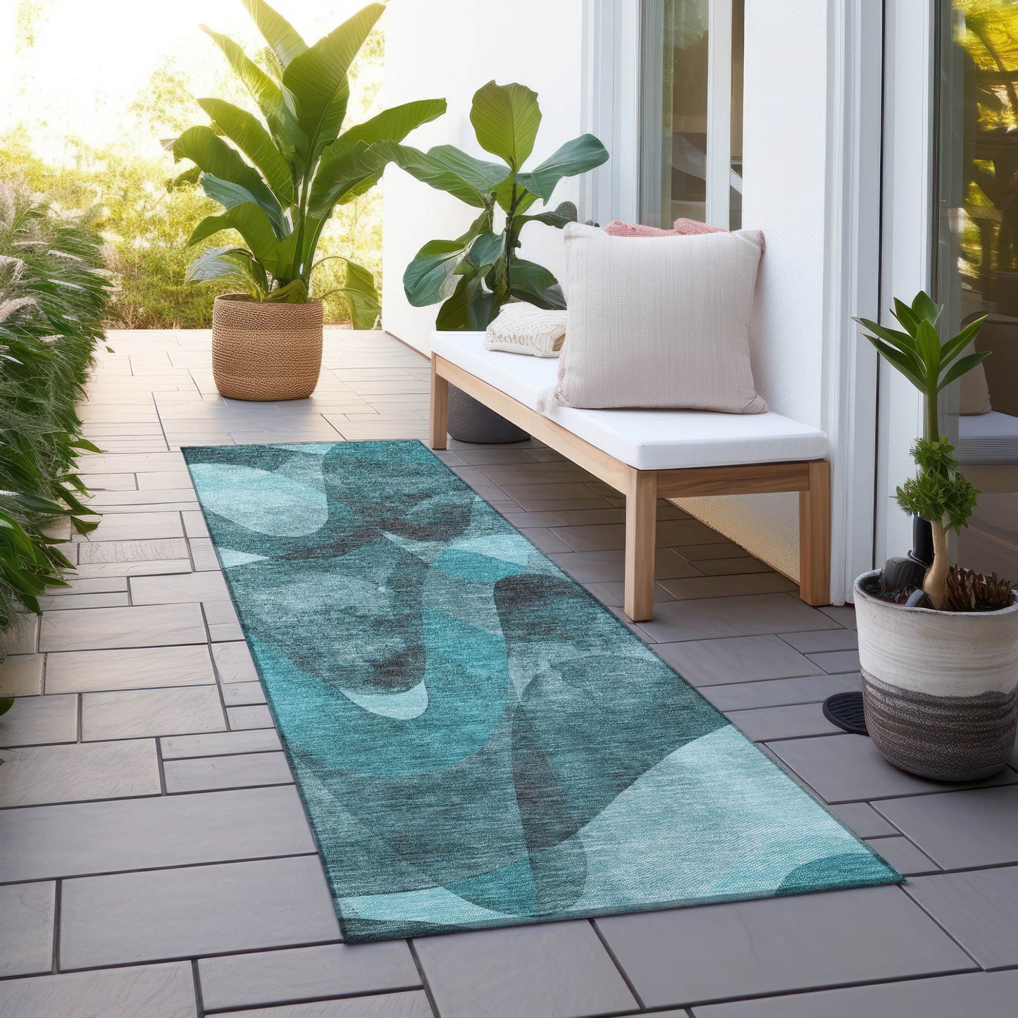 8' Runner Teal Abstract Washable Non Skid Indoor Outdoor Runner Rug