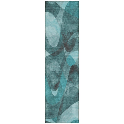 8' Runner Teal Abstract Washable Non Skid Indoor Outdoor Runner Rug