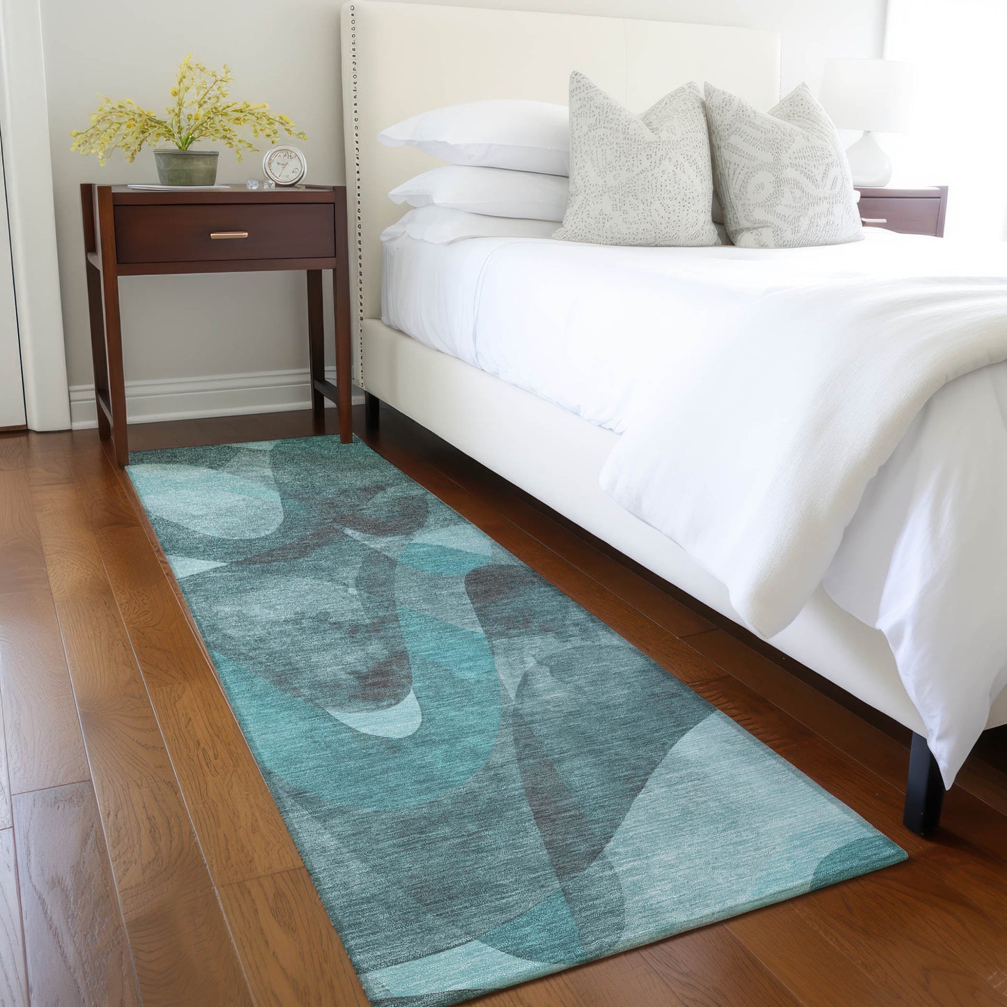 8' Runner Teal Abstract Washable Non Skid Indoor Outdoor Runner Rug