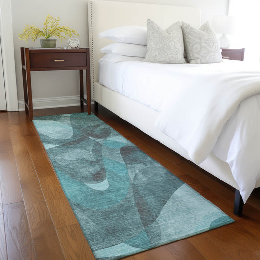 8' Runner Teal Abstract Washable Non Skid Indoor Outdoor Runner Rug