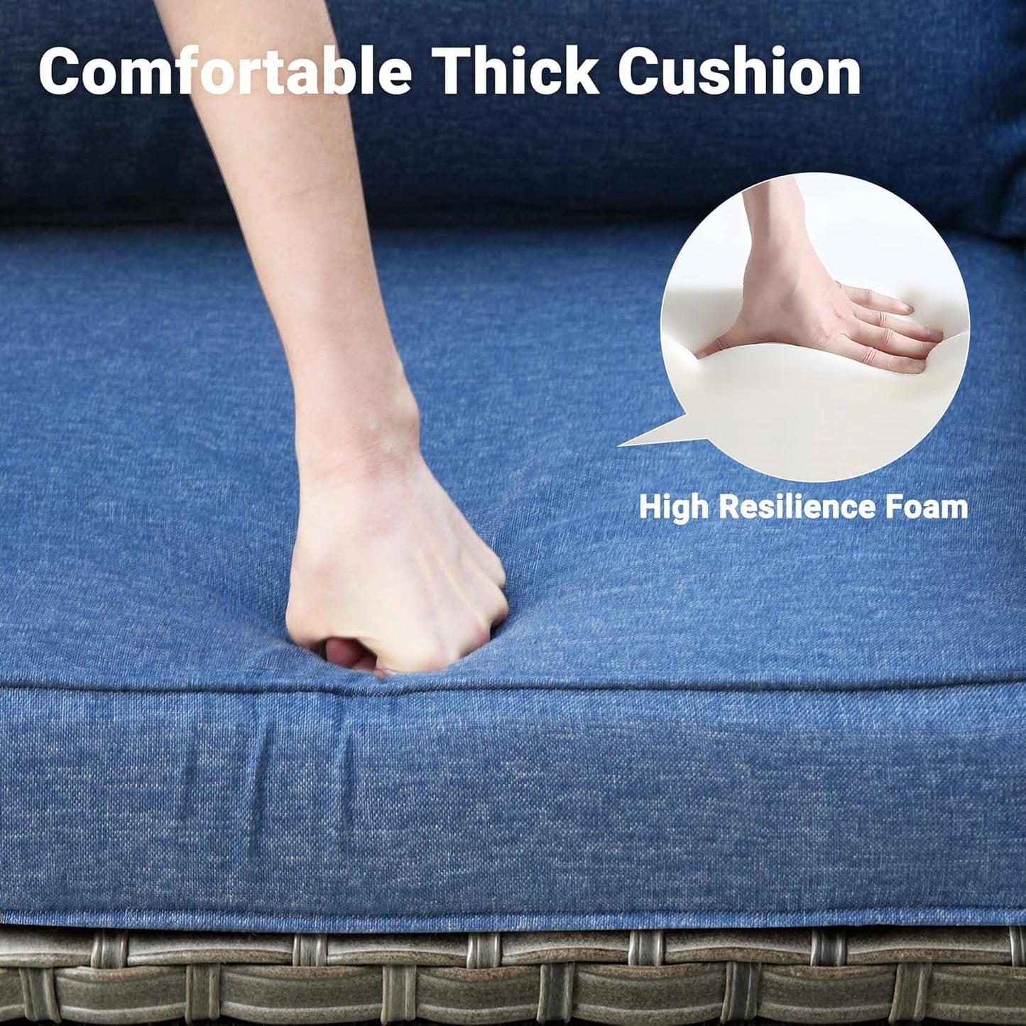 Patio Furniture Set, 5 Pieces Outdoor Wicker Rattan Sofa Couch with Chairs, Ottomans and Comfy Cushions, All Weather High Back Conversation Set Garden Backyard, Denim Blue-3