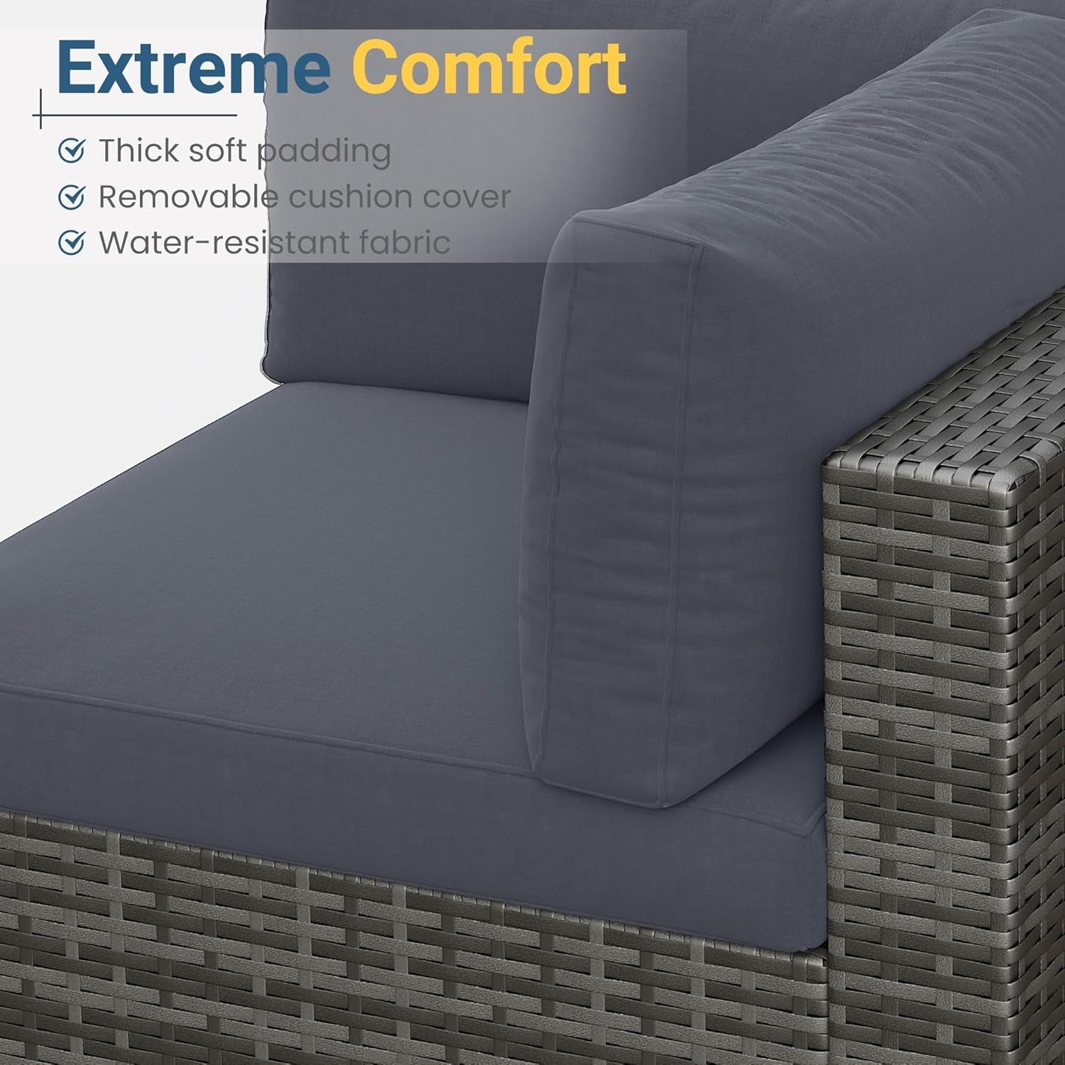 7 Piece Outdoor Patio Furniture Set, All Weather Wicker Rattan Sectional Sofa Conversation Set with Cushions & Large Glass Coffee Table, Ideal for Garden Backyard Porch, Dark Grey-2