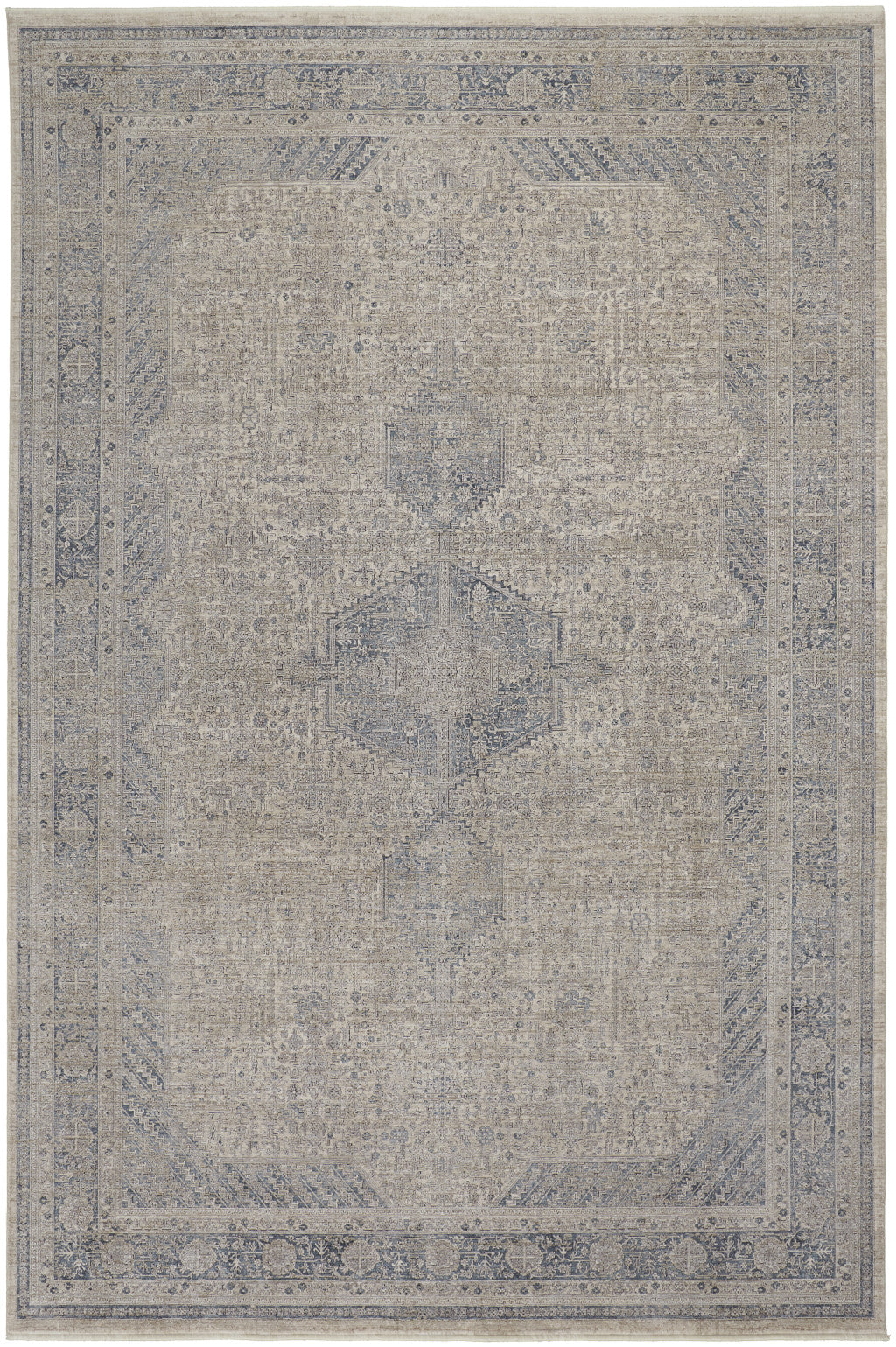 8' X 10' Gray Blue and Taupe Oriental Power Loom Worn Faded Area Rug With Fringe