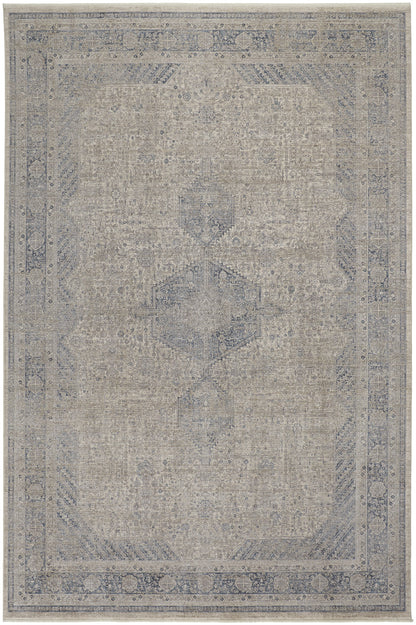 8' X 10' Gray Blue and Taupe Oriental Power Loom Worn Faded Area Rug With Fringe