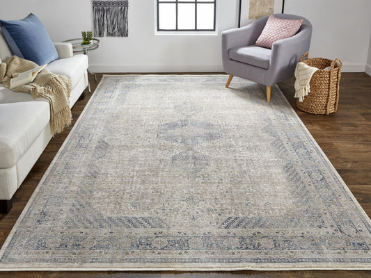 8' X 10' Gray Blue and Taupe Oriental Power Loom Worn Faded Area Rug With Fringe