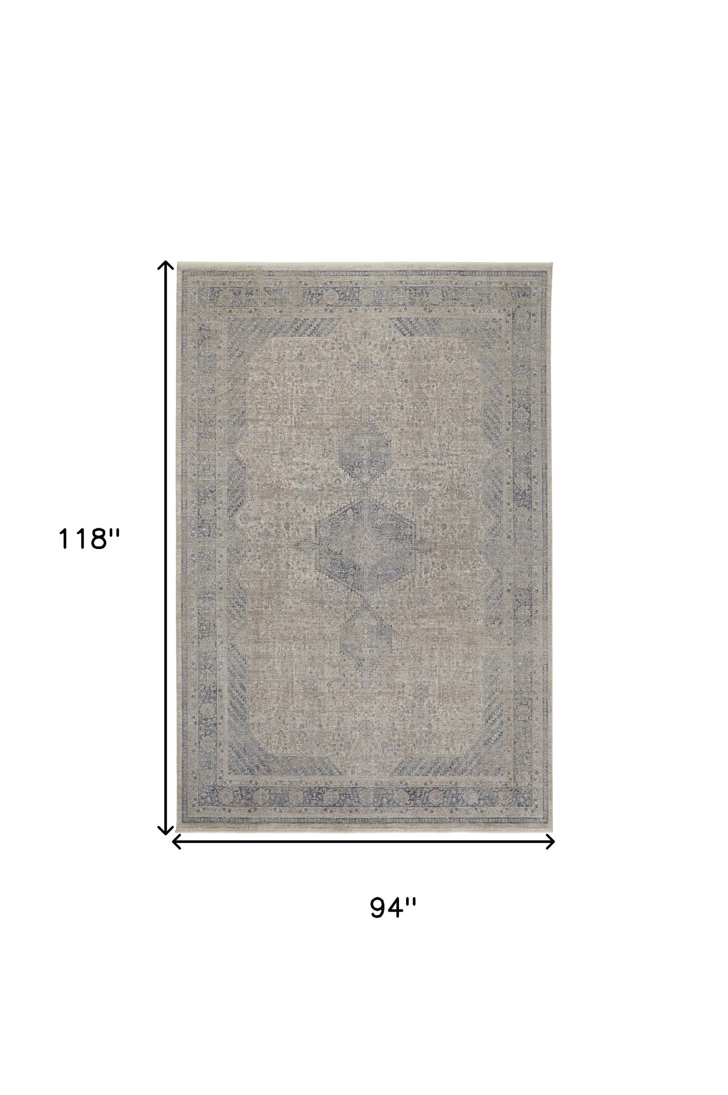 8' X 10' Gray Blue and Taupe Oriental Power Loom Worn Faded Area Rug With Fringe