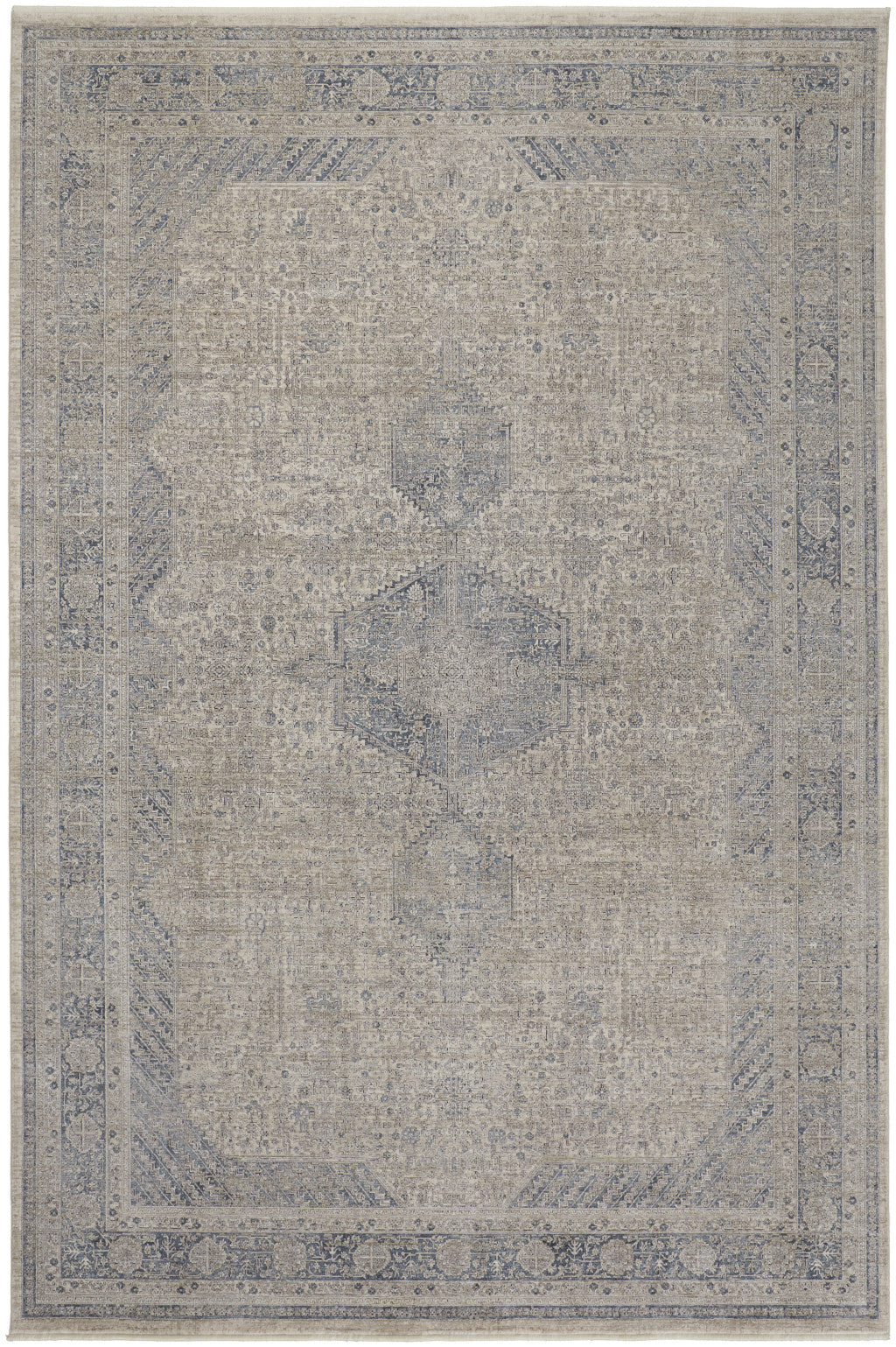 8' X 10' Gray Blue and Taupe Oriental Power Loom Worn Faded Area Rug With Fringe