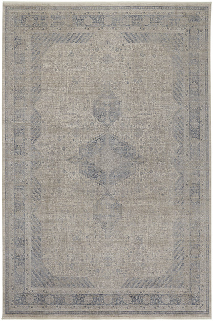 8' X 10' Gray Blue and Taupe Oriental Power Loom Worn Faded Area Rug With Fringe