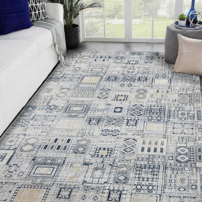 4' X 6' Ivory Black And Gold Ikat Area Rug