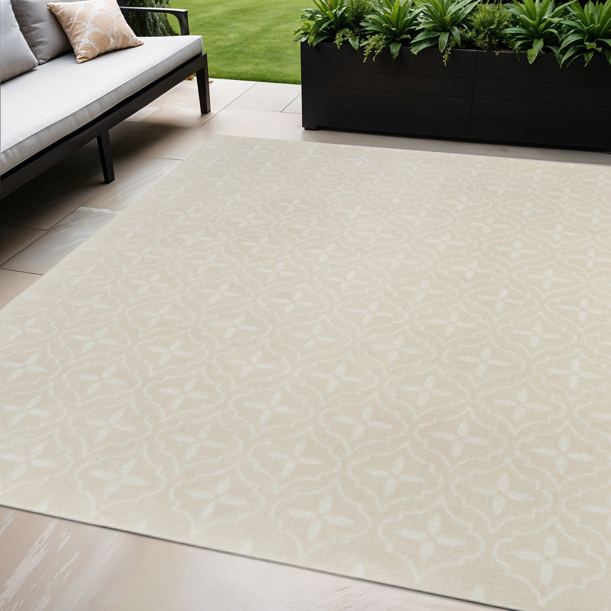 5' X 7' Ivory And Beige Geometric Indoor Outdoor Area Rug
