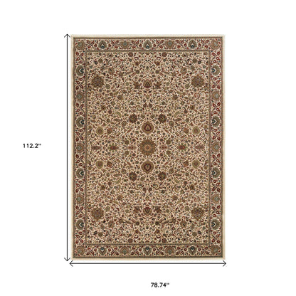 7' X 10' Ivory And Green Oriental Area Rug