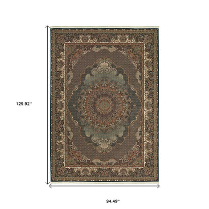 8' X 11' Blue And Red Medallion Area Rug With Fringe