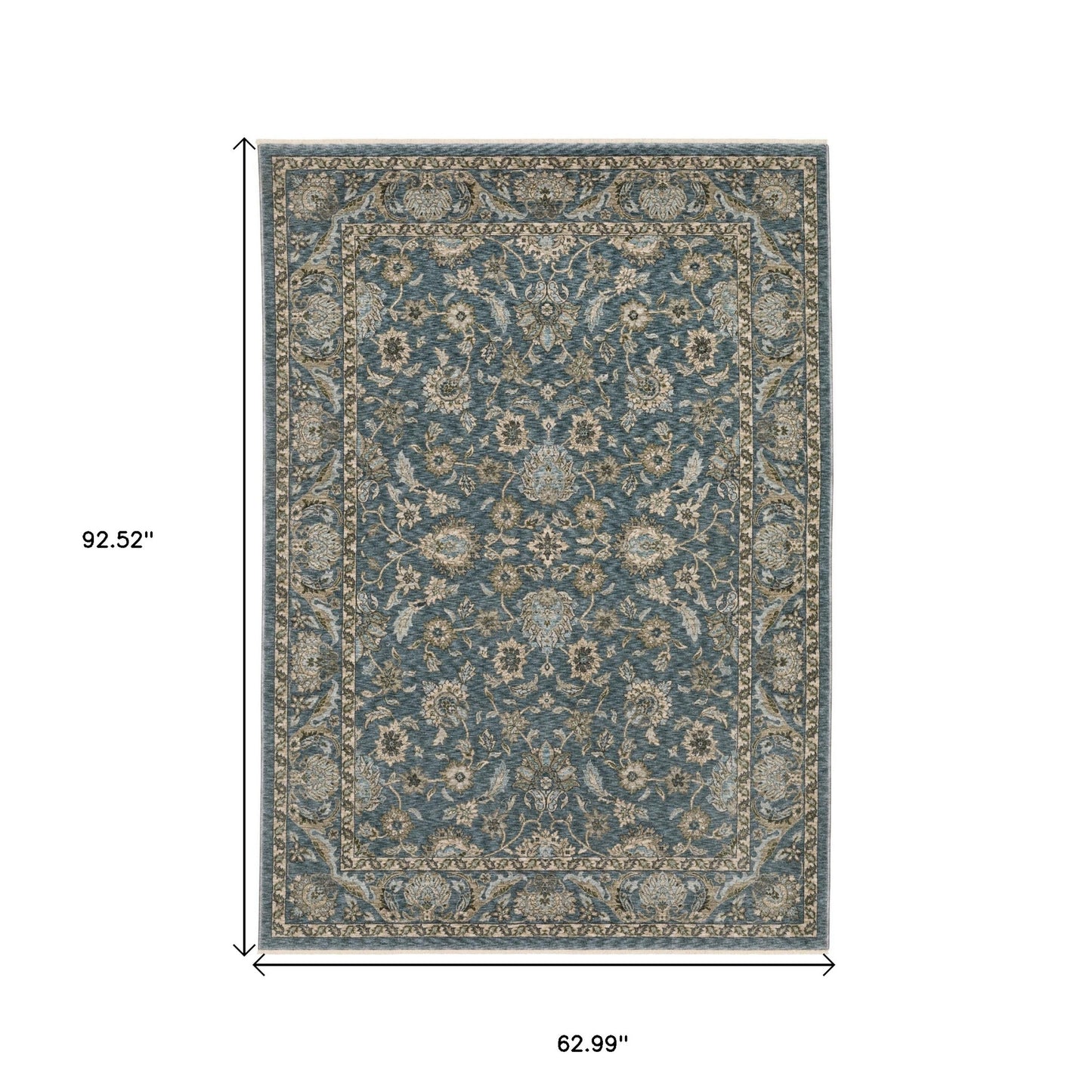 5' X 8' Blue And Beige Oriental Area Rug With Fringe