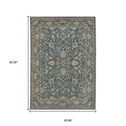 5' X 8' Blue And Beige Oriental Area Rug With Fringe