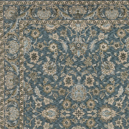 5' X 8' Blue And Beige Oriental Area Rug With Fringe