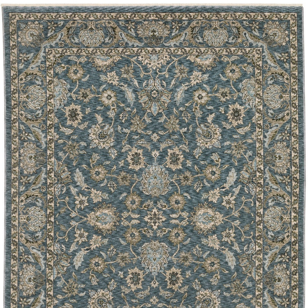 5' X 8' Blue And Beige Oriental Area Rug With Fringe