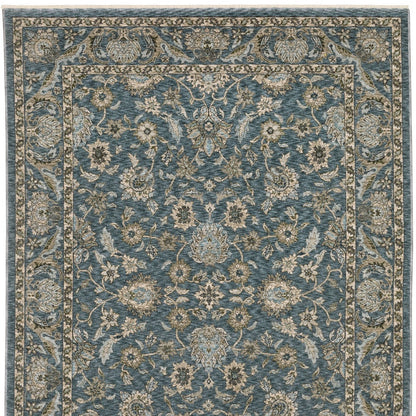 5' X 8' Blue And Beige Oriental Area Rug With Fringe