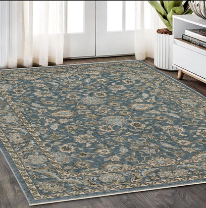 5' X 8' Blue And Beige Oriental Area Rug With Fringe