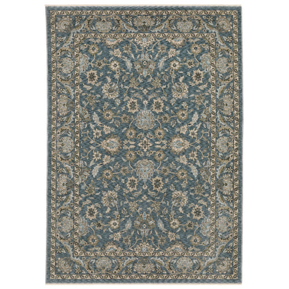 5' X 8' Blue And Beige Oriental Area Rug With Fringe