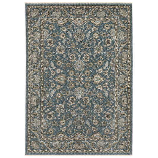 5' X 8' Blue And Beige Oriental Area Rug With Fringe