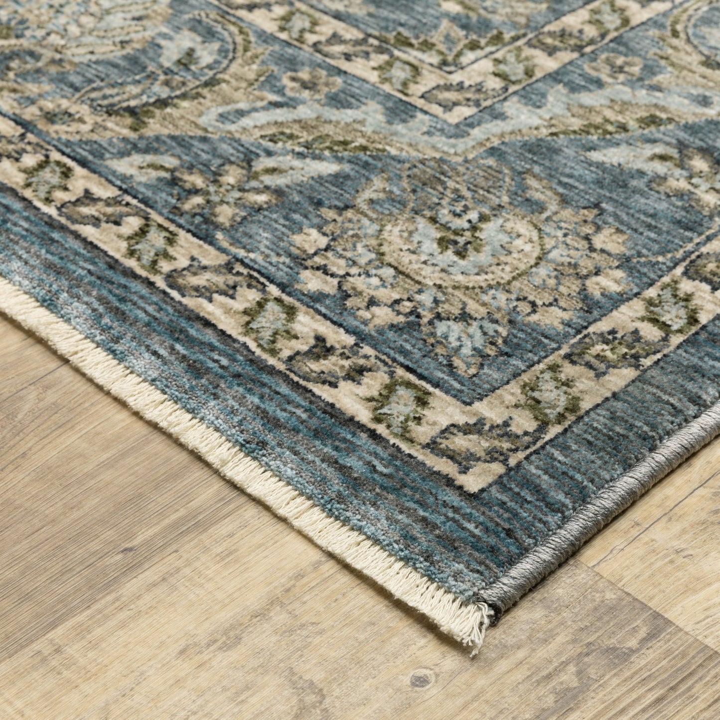 5' X 8' Blue And Beige Oriental Area Rug With Fringe