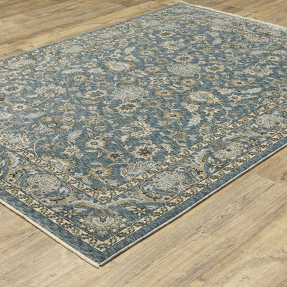 5' X 8' Blue And Beige Oriental Area Rug With Fringe