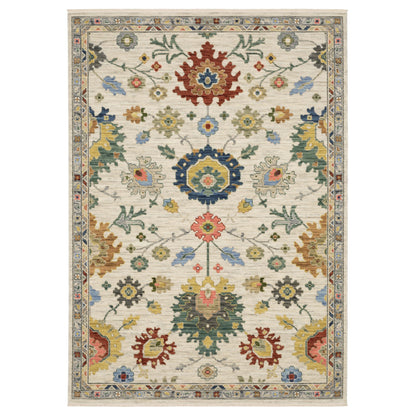 2' X 3' Ivory Red And Blue Oriental Area Rug With Fringe