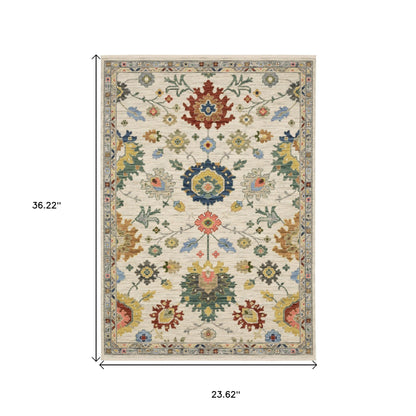 2' X 3' Ivory Red And Blue Oriental Area Rug With Fringe