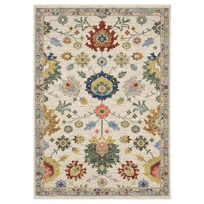 2' X 3' Ivory Red And Blue Oriental Area Rug With Fringe
