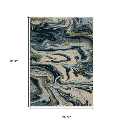 8' Navy Blue And Teal Abstract Runner Rug With Fringe