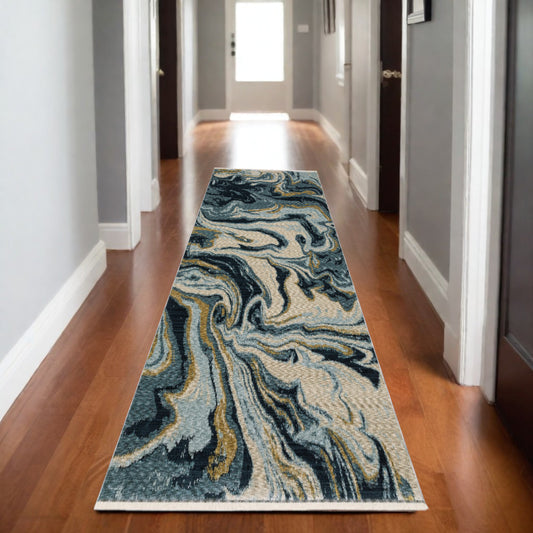 8' Navy Blue And Teal Abstract Runner Rug With Fringe