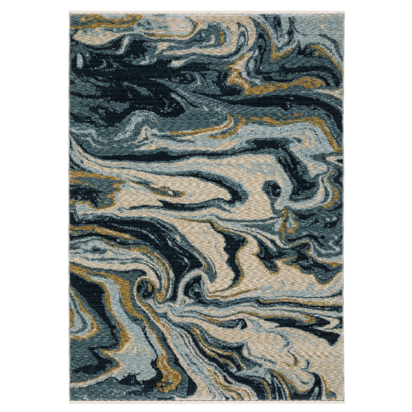 8' Navy Blue And Teal Abstract Runner Rug With Fringe