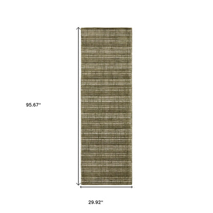 8' Green And Ivory Striped Hand Tufted Runner Rug