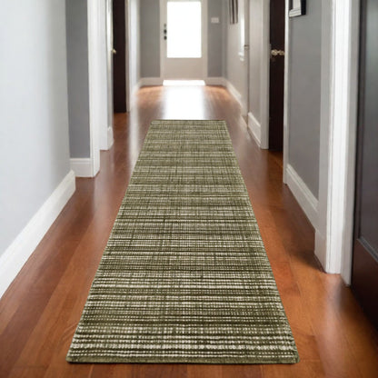8' Green And Ivory Striped Hand Tufted Runner Rug