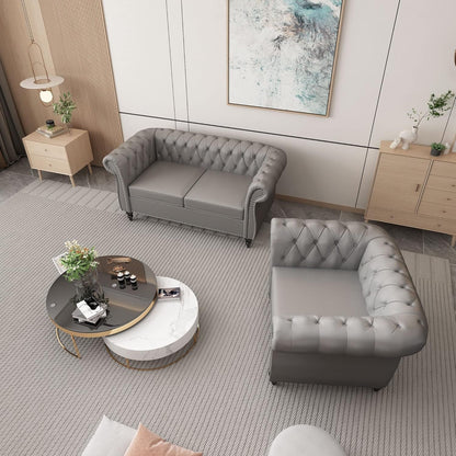 2 Piece Living Room Set, Chesterfield PU Leather Sofa Loveseat Couch Chair with Scroll Arms and Nailhead for Living Room, Office (PU Grey, 1-2)