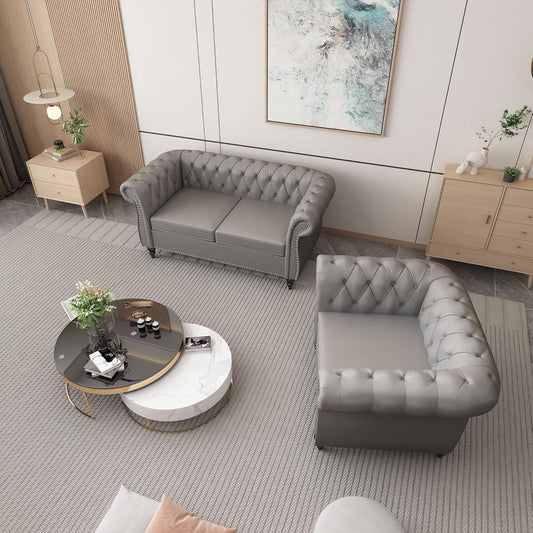 2 Piece Living Room Set, Chesterfield PU Leather Sofa Loveseat Couch Chair with Scroll Arms and Nailhead for Living Room, Office (PU Grey, 1-2)