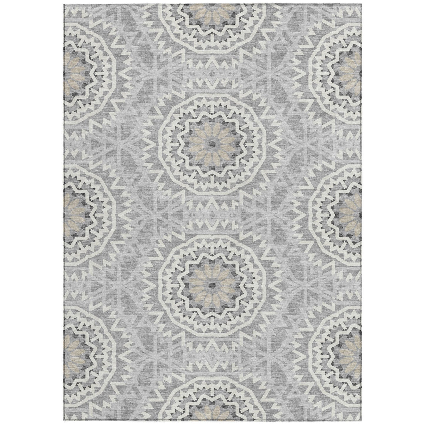 5' X 8' Gray Silver And Ivory Floral Medallion Washable Indoor Outdoor Area Rug