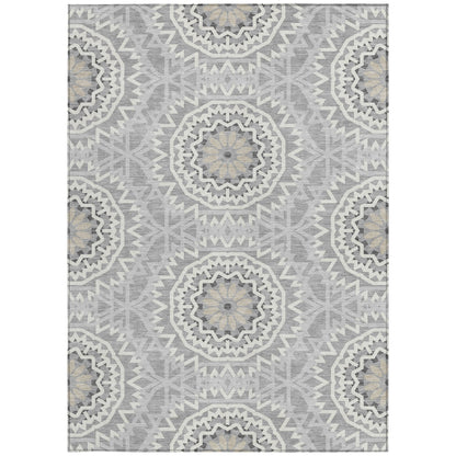 5' X 8' Gray Silver And Ivory Floral Medallion Washable Indoor Outdoor Area Rug