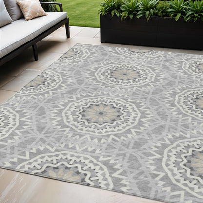 5' X 8' Gray Silver And Ivory Floral Medallion Washable Indoor Outdoor Area Rug
