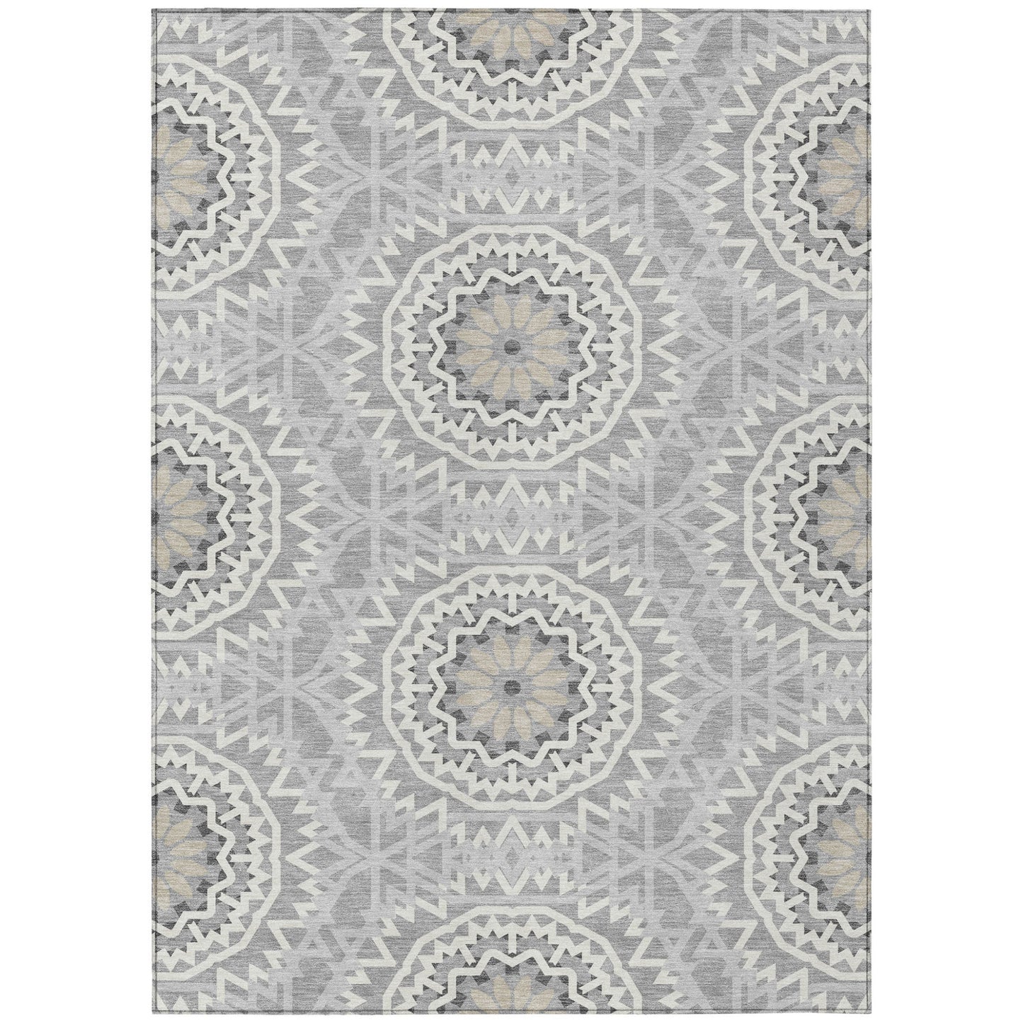 5' X 8' Gray Silver And Ivory Floral Medallion Washable Indoor Outdoor Area Rug