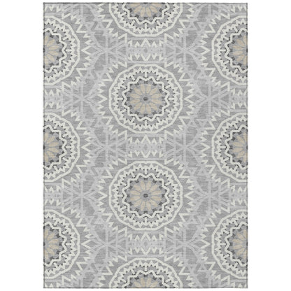 5' X 8' Gray Silver And Ivory Floral Medallion Washable Indoor Outdoor Area Rug