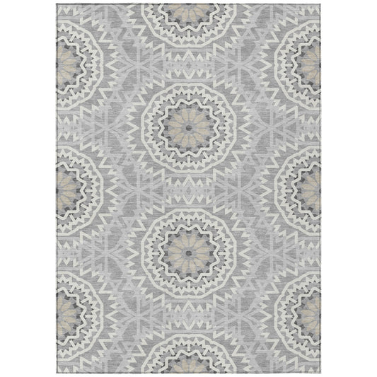 5' X 8' Gray Silver And Ivory Floral Medallion Washable Indoor Outdoor Area Rug