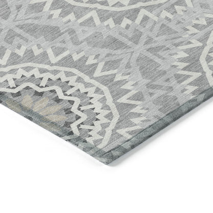 5' X 8' Gray Silver And Ivory Floral Medallion Washable Indoor Outdoor Area Rug