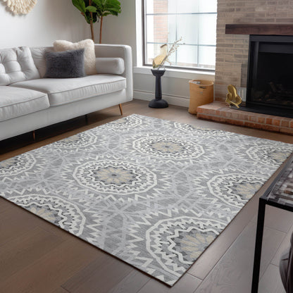 5' X 8' Gray Silver And Ivory Floral Medallion Washable Indoor Outdoor Area Rug