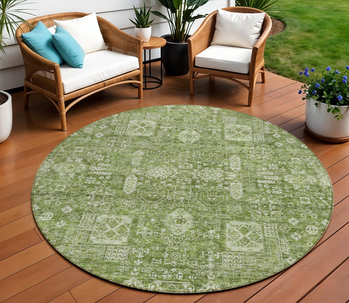 8' Artichoke Green And Ivory Round Oriental Washable Indoor Outdoor Area Rug